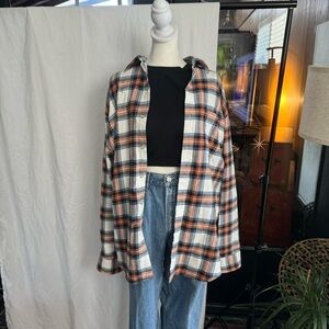 IZOD 🍊🤍❤️ orange blue and white plaid unisex flannel size large